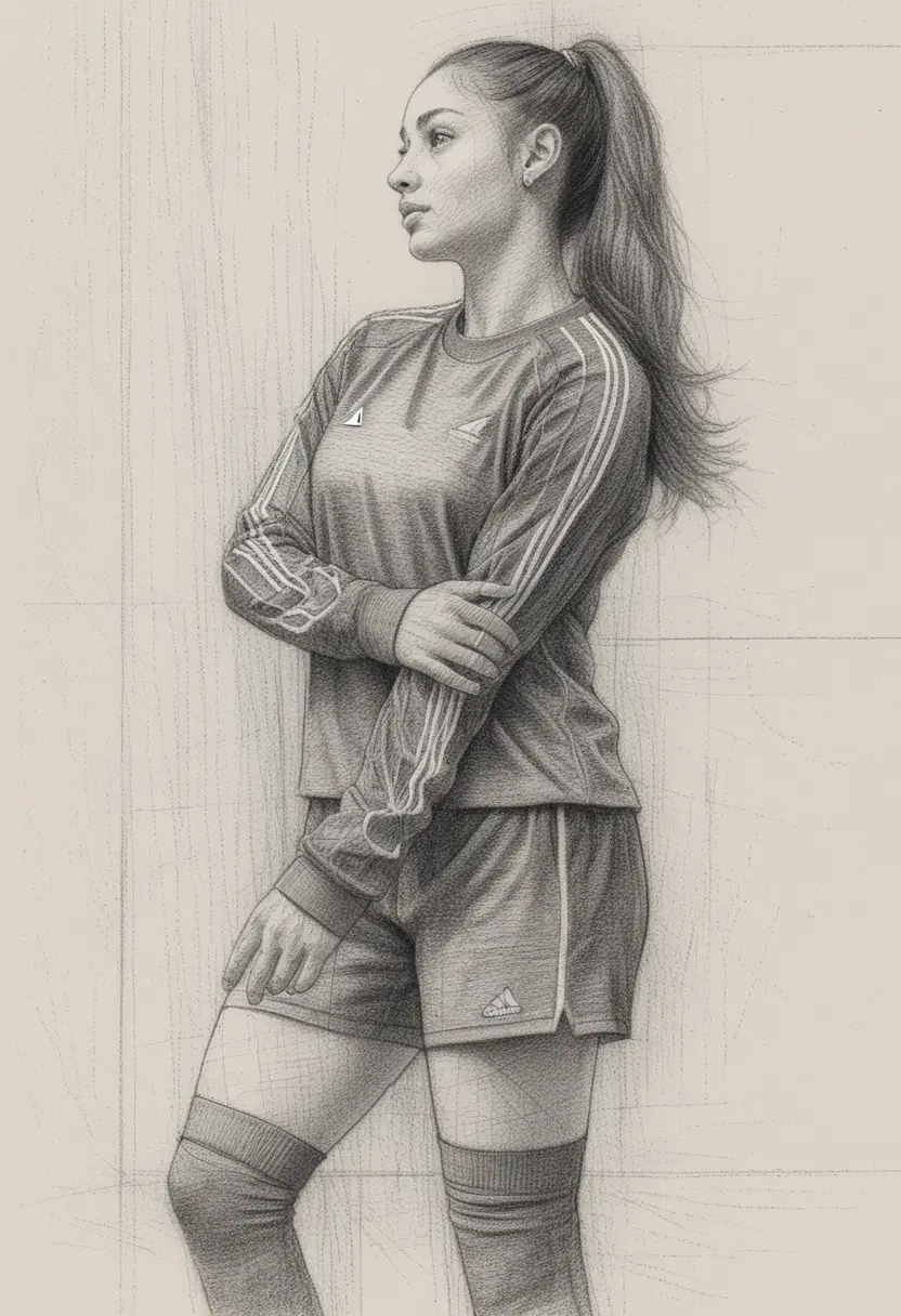 Full body pencil portrait of a focused young footballer