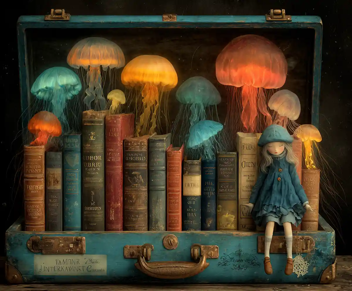 Mermaid Reading In A Treasure Chest Nook With Jellyfish
