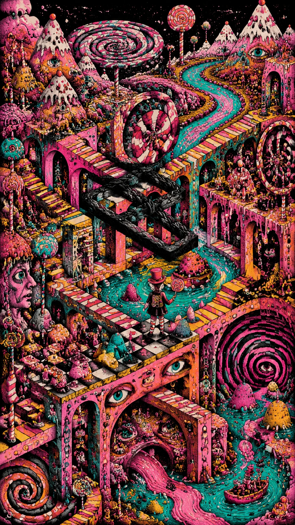 Reino de Dulces Surrealista con Montañas de Gominolas Derretidas