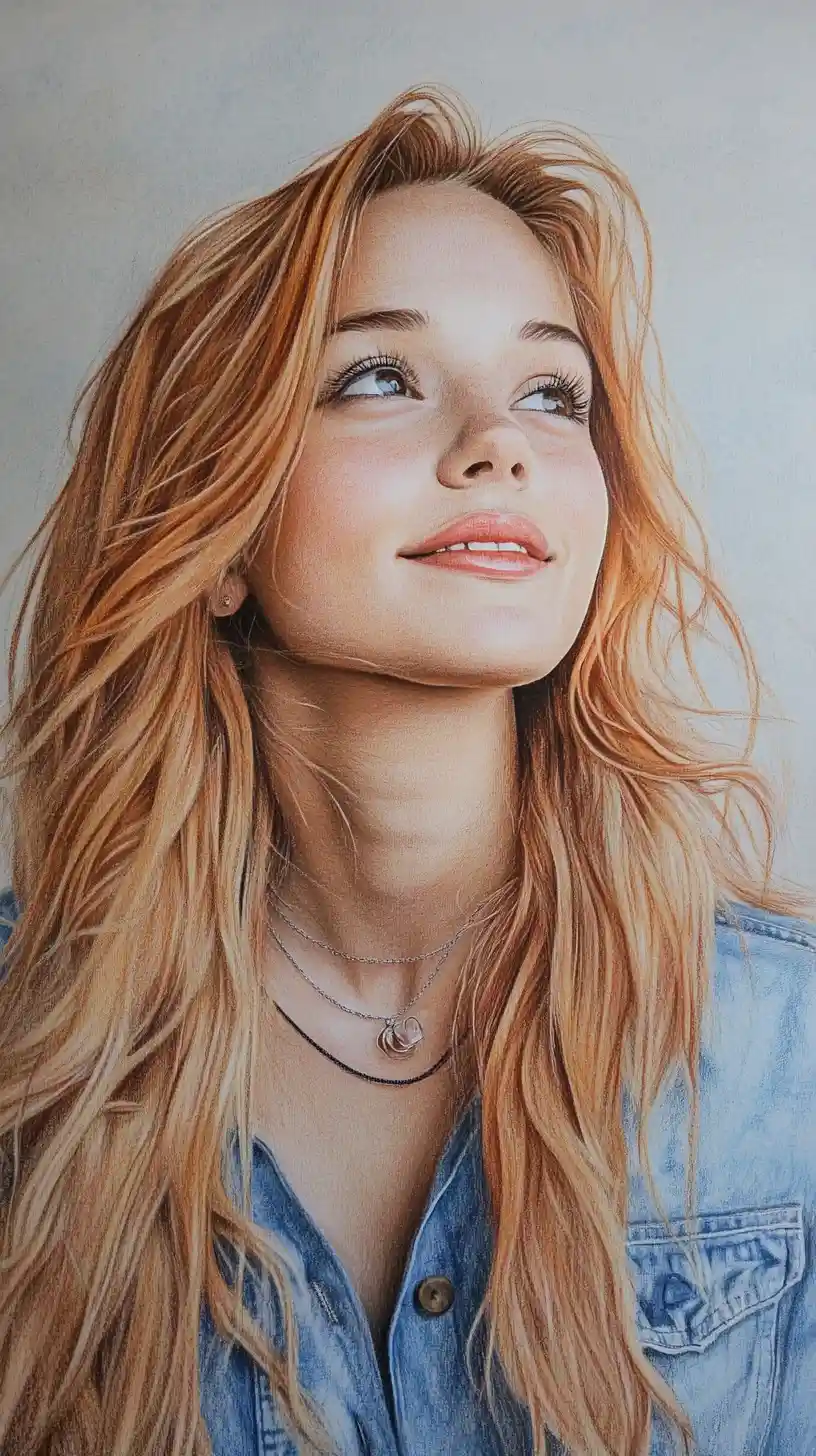 Low angle portrait drawing of a smiling young woman
