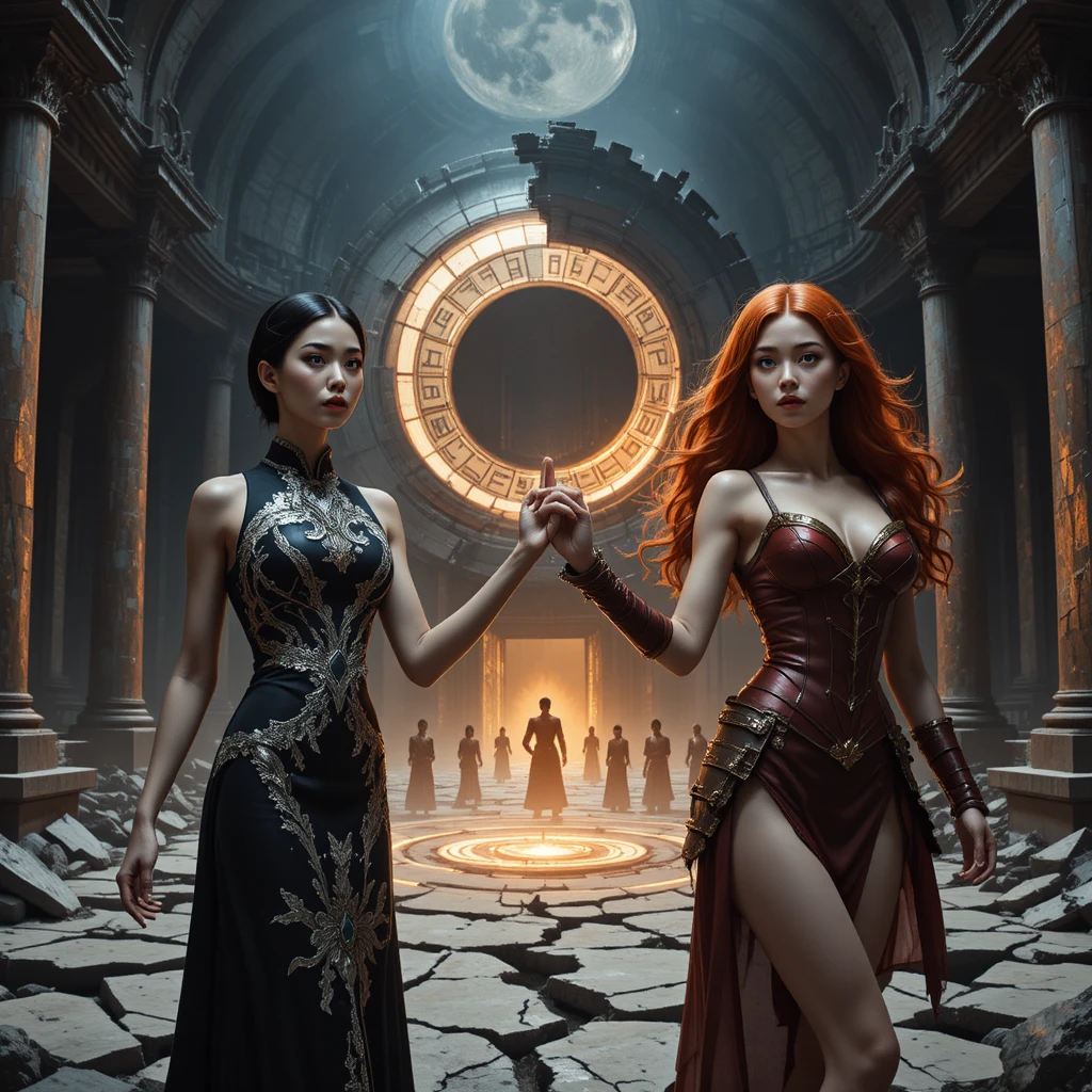 Dos heroínas en una cámara de templo yin yang hecha añicos