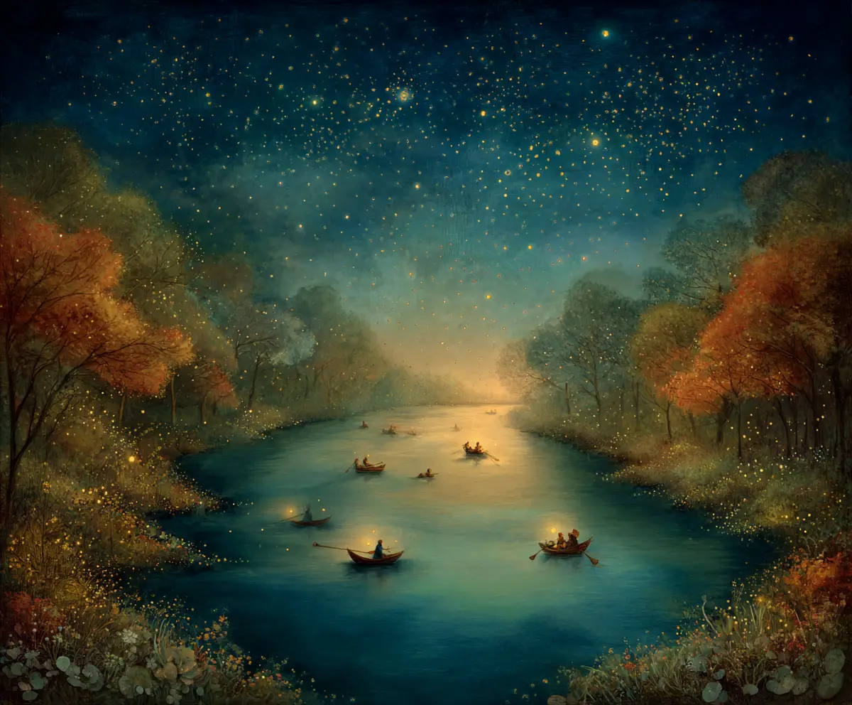 Firefly Fleet In Acorn Boats On A Moonlit Stream