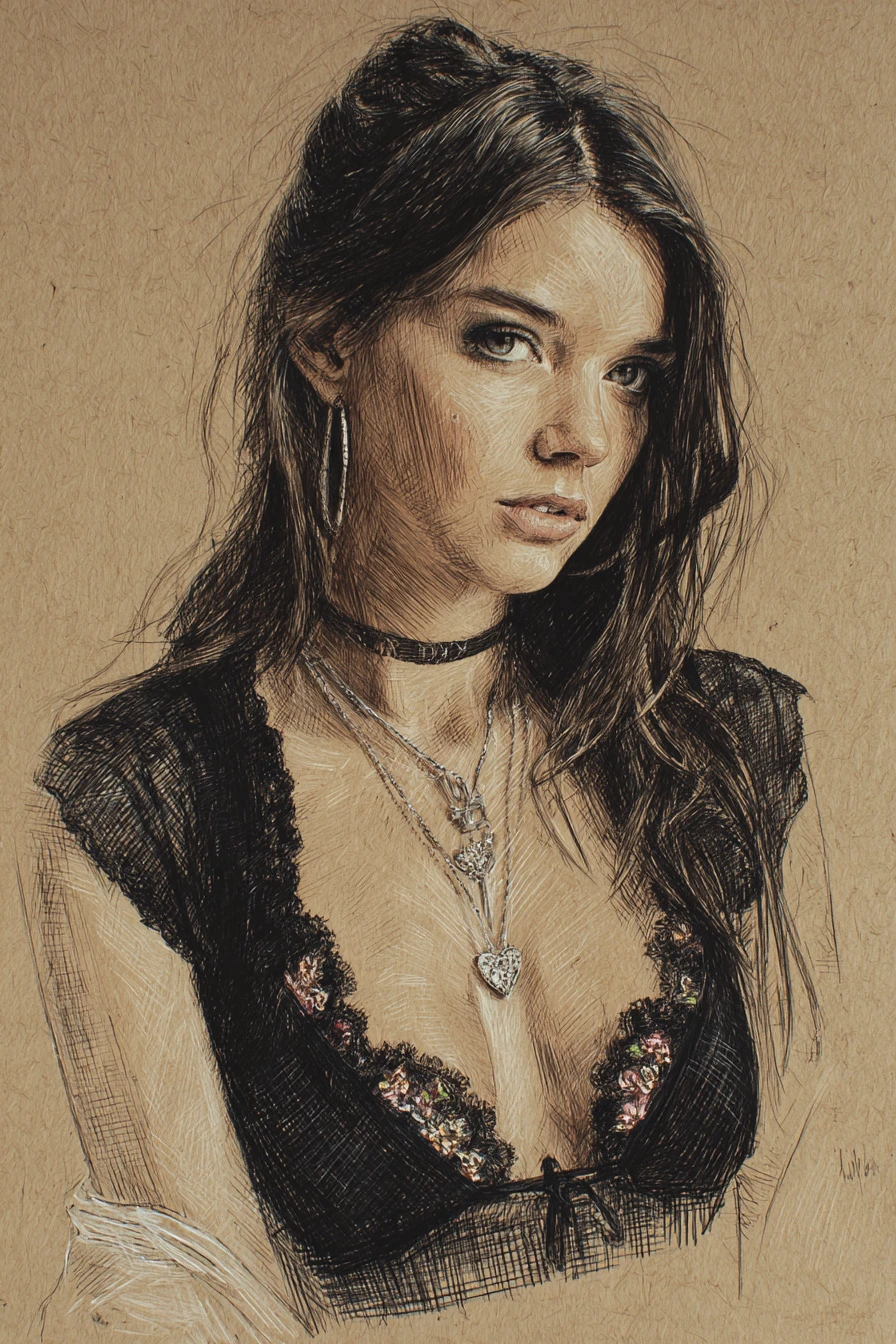 Ink portrait of a young woman with intense gaze