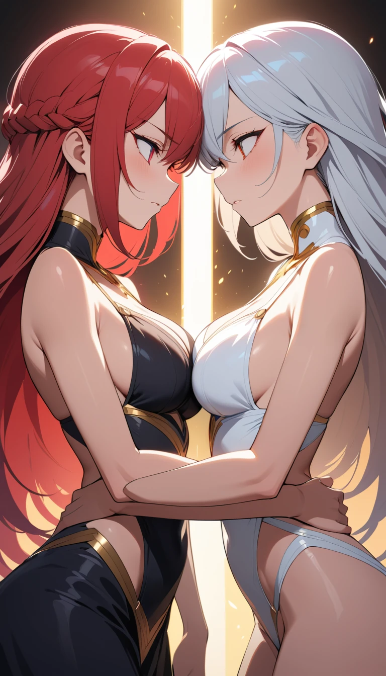 Two opposing anime women facing each other in dramatic light