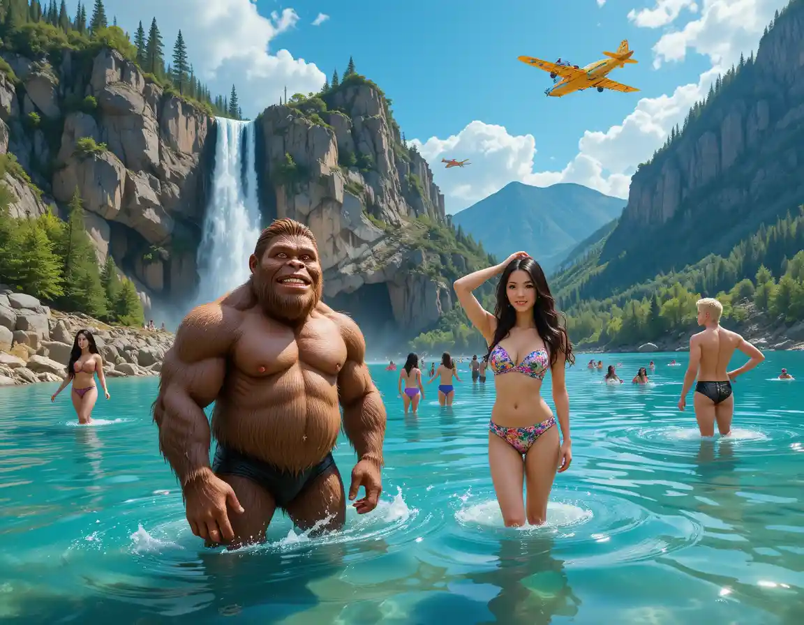 Bigfoot amigable en un lago de montaña bajo una cascada