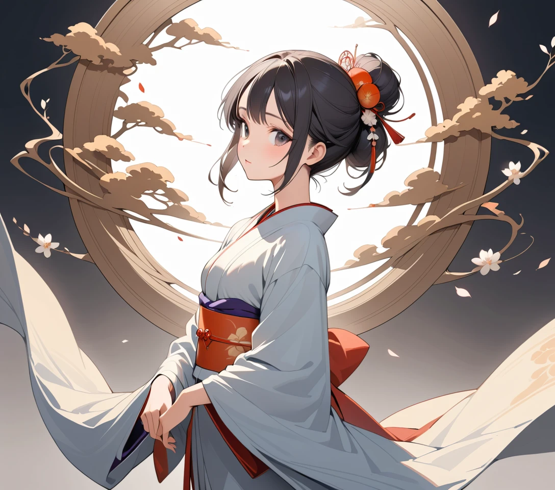 Retrato de joven con elegante kimono japonés tradicional