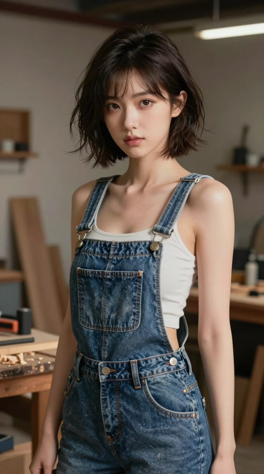 Young girl in denim overalls in a warm wood workshop