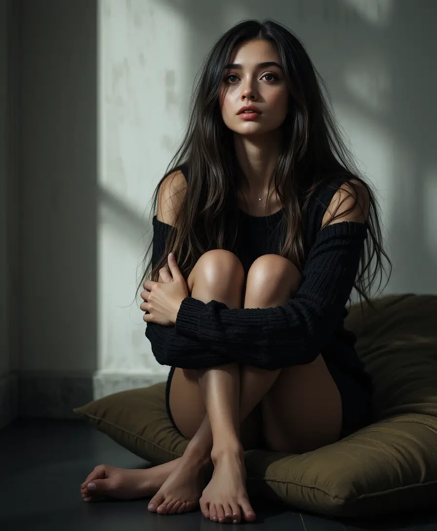 Joven pensativa abrazando sus rodillas bajo una luz dramática