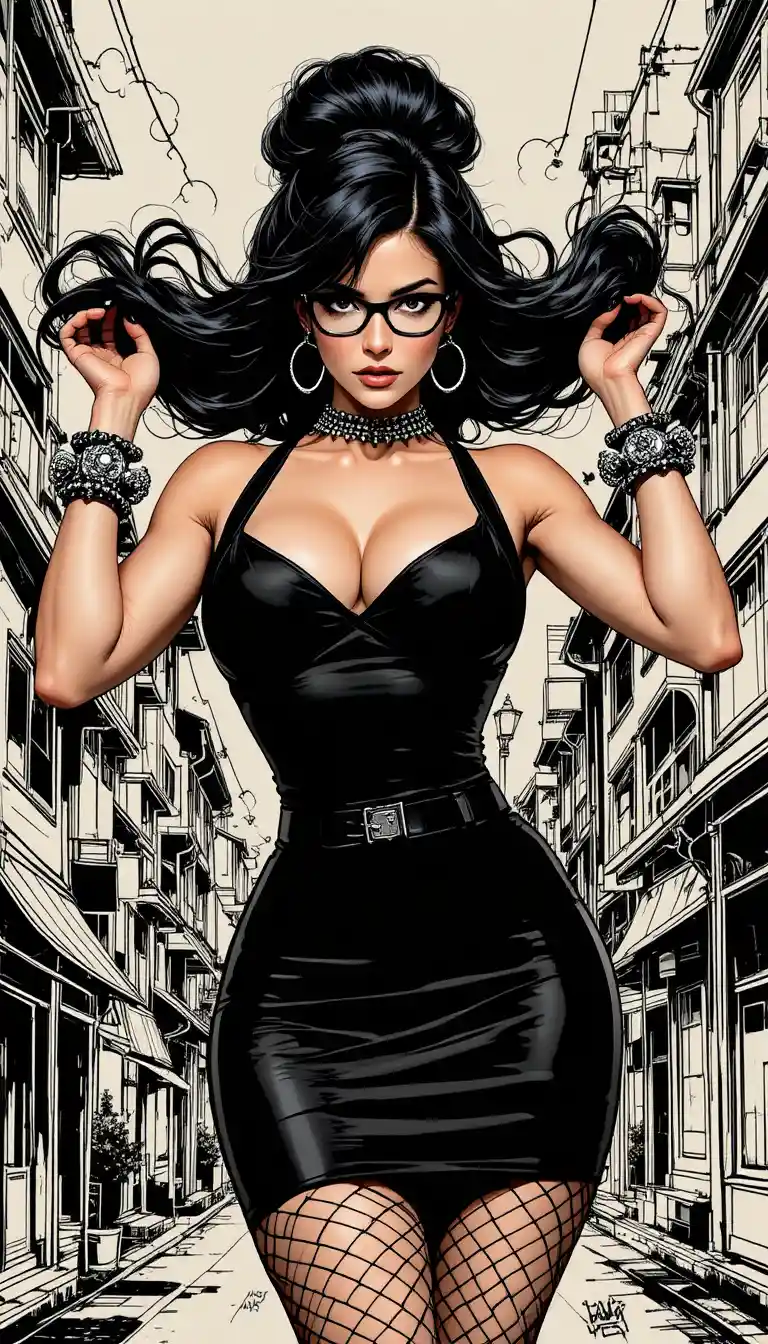 Retrato cómic de cuerpo entero de mujer elegante con vestido negro