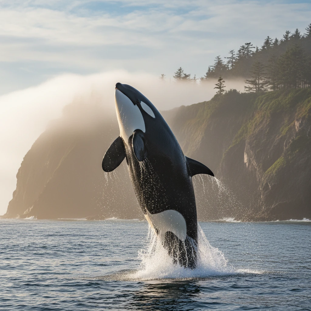 Orca Saltando Muy Alto Sobre una Costa Oceánica Iluminada por el Sol