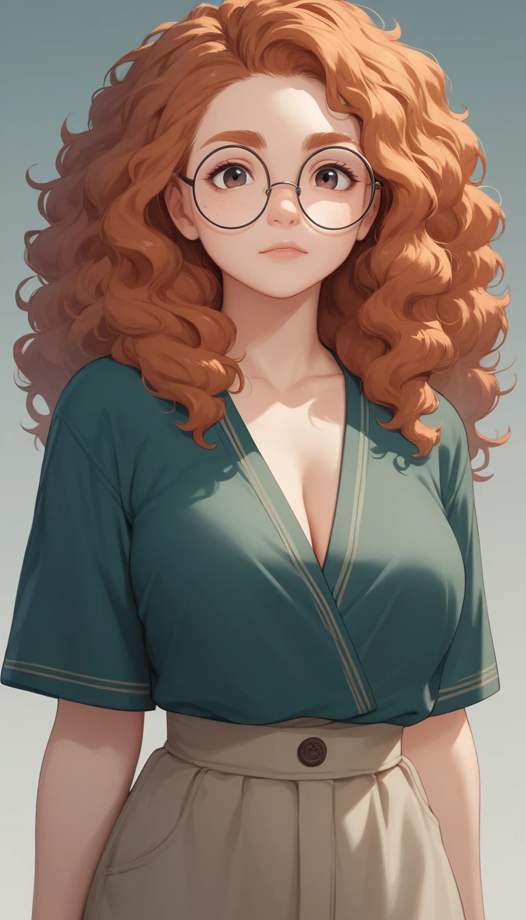 Chica gato de anime juguetona con gafas en el pasillo de la escuela