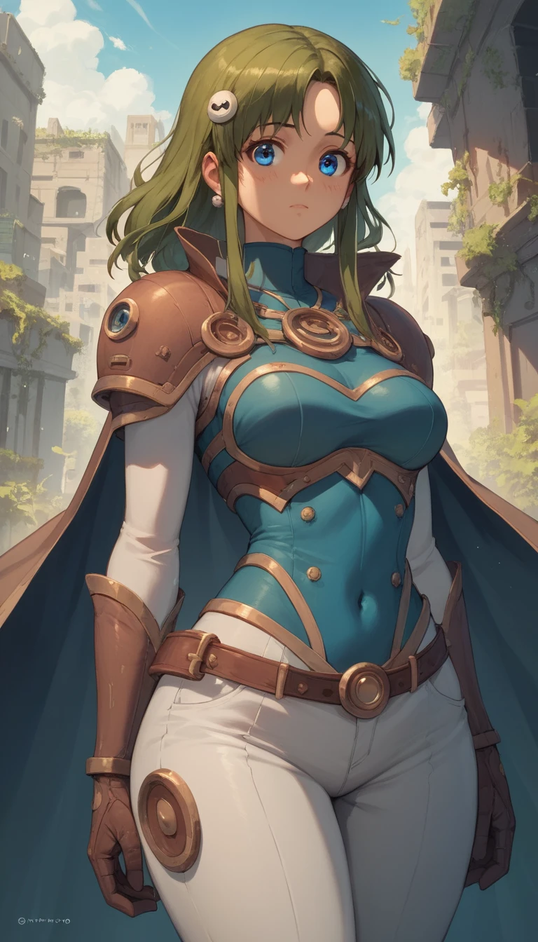 Heroína de anime curvilínea en una ciudad de fantasía oscura