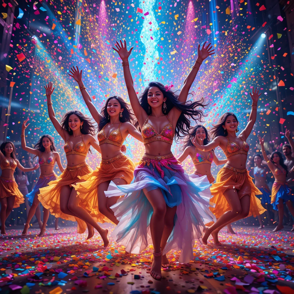 Bailarines alegres saltando entre vibrantes confetis y luces
