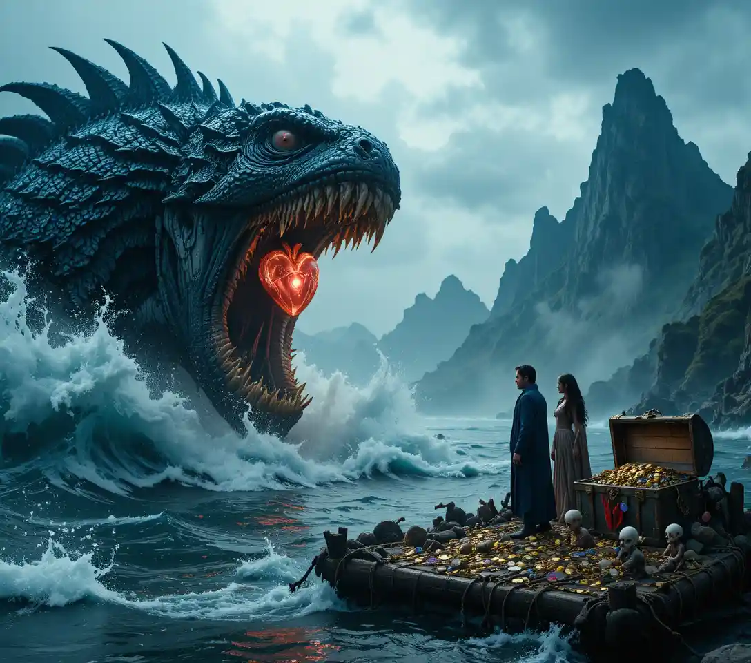 Colossal sea monster faces humans on a fragile raft