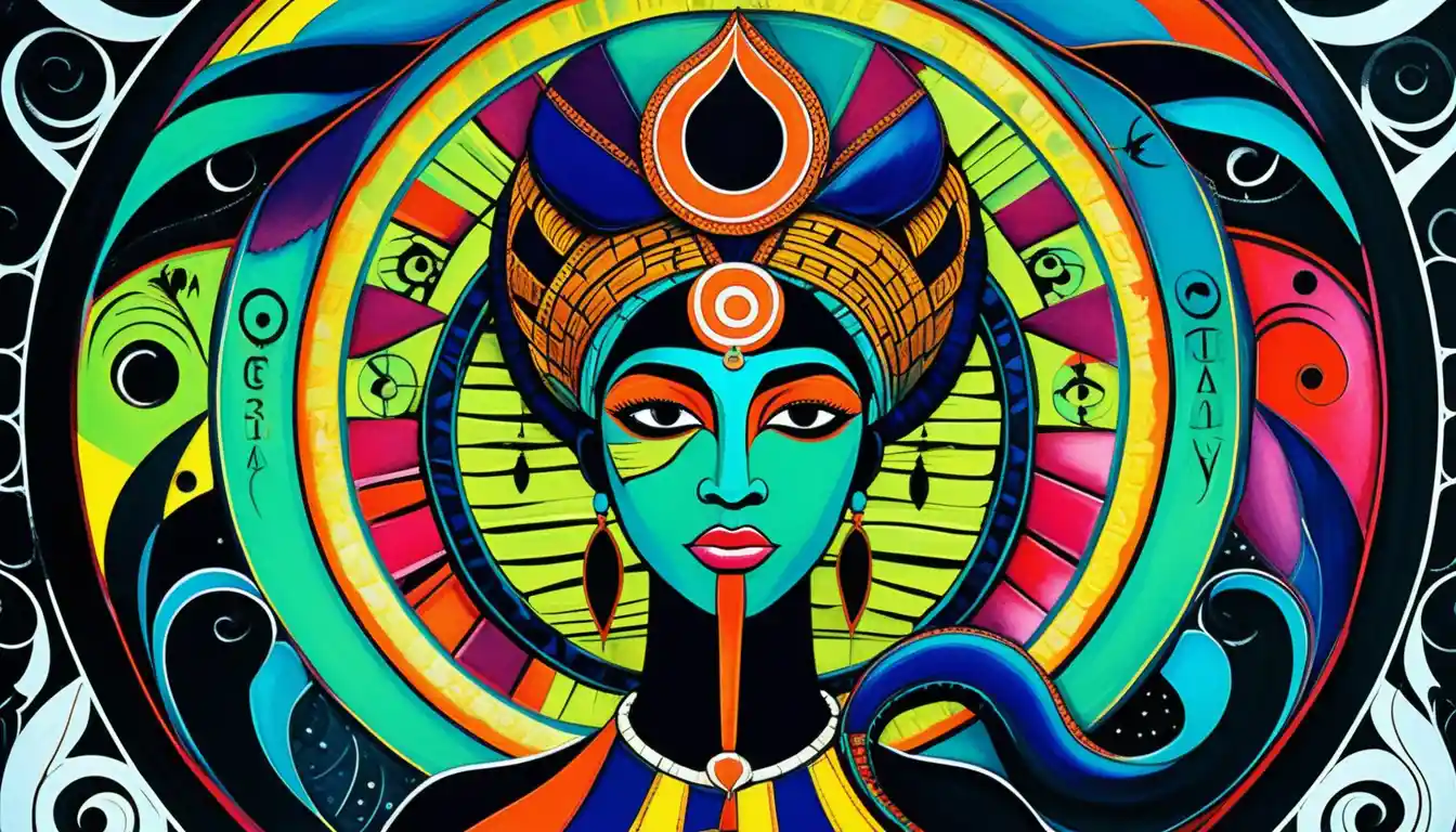 Guardiano serpente afro di lusso in blu e oro, mixed media