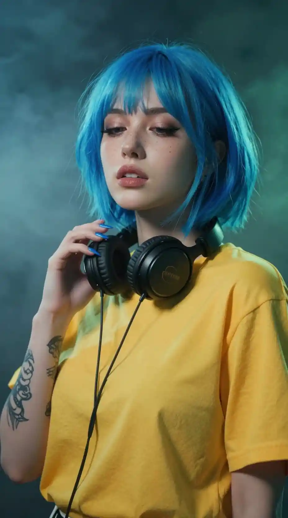 戲劇性霧光中的藍髮耳機女孩