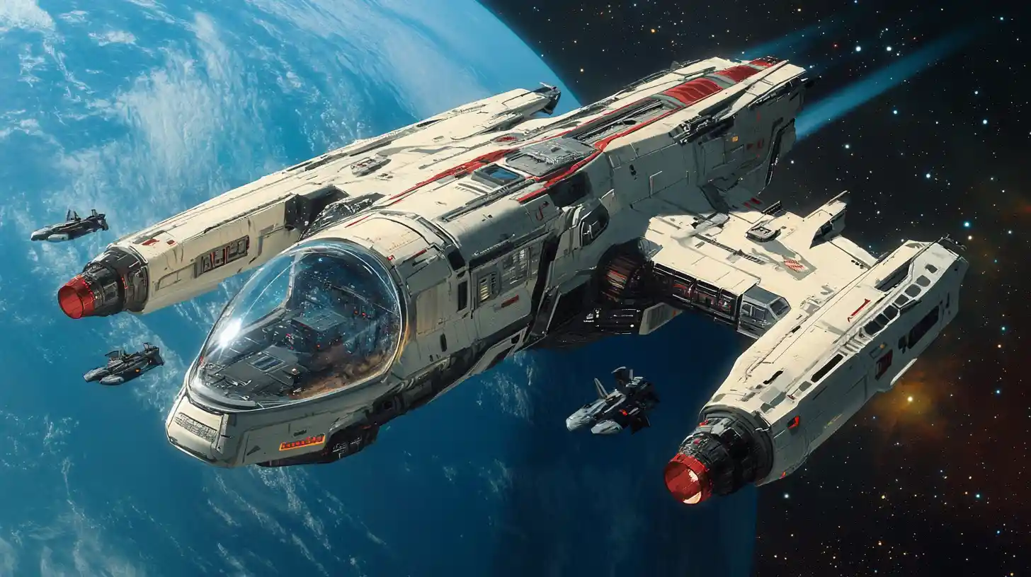 Alien cruiser slips past a vast blue planet in space