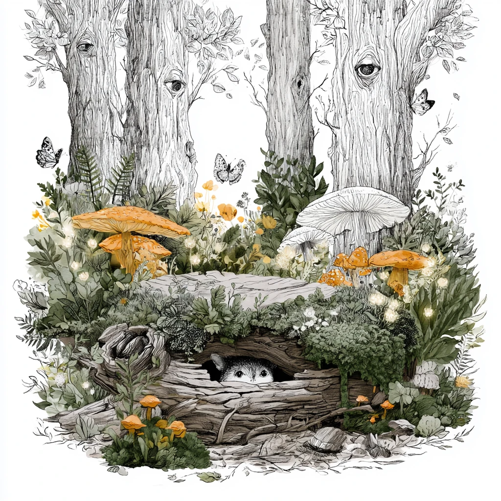 Criatura Fantástica del Bosque Oculta en Arte Lineal Encantado