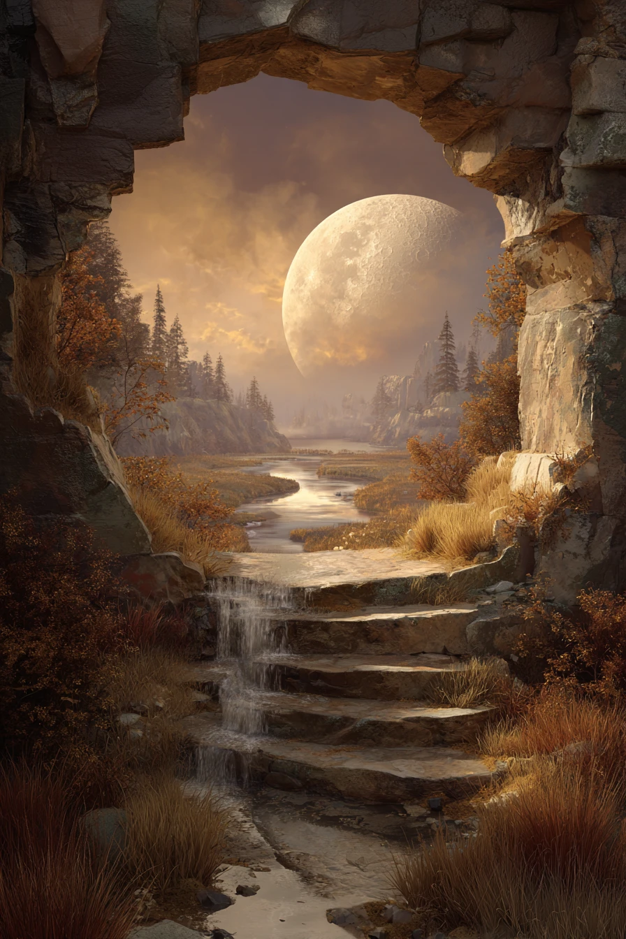 Escalera de piedra surrealista que asciende hacia un portal brillante a la luz de la luna