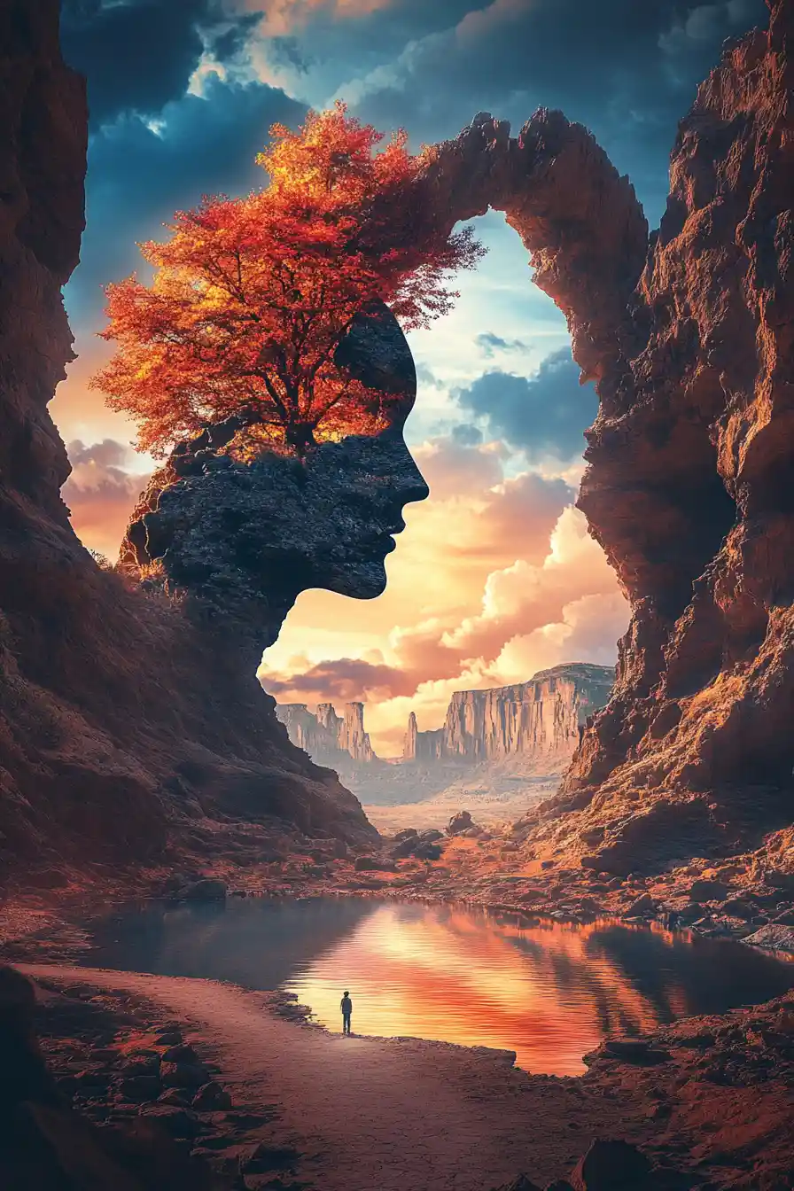 Arco surreal con rostro que enmarca el cielo del atardecer y un sendero en el desierto