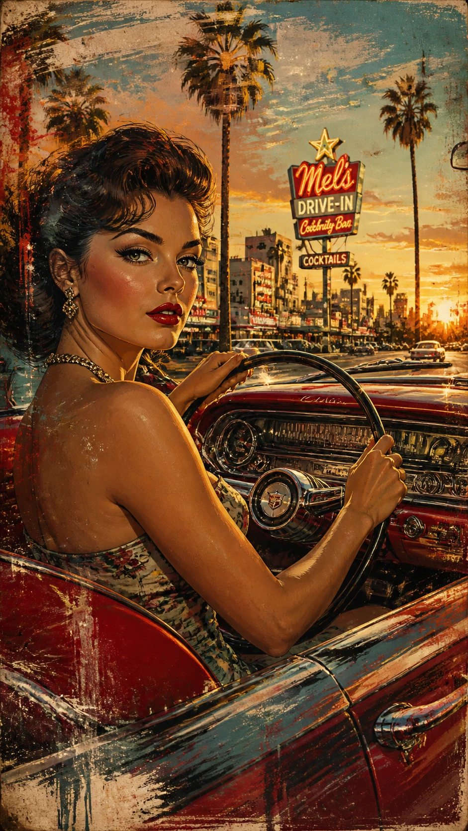 Mujer al estilo novela gráfica conduciendo un Cadillac clásico