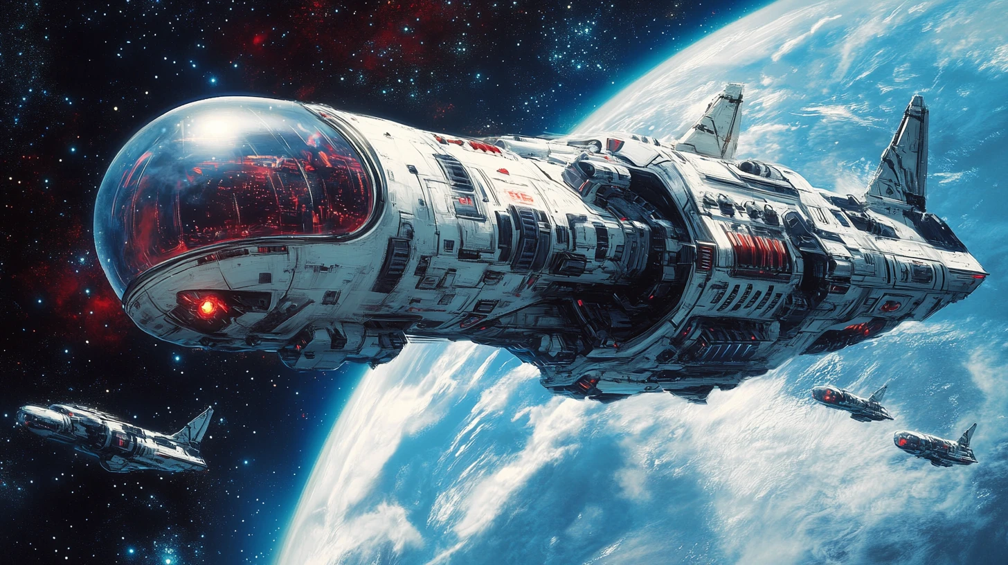 Alien cruiser slips past a vast blue planet in space