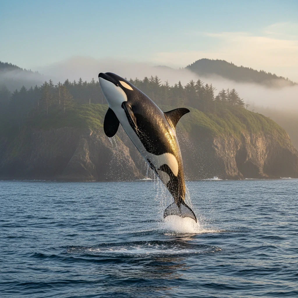 Orca saltando sobre una línea costera brumosa