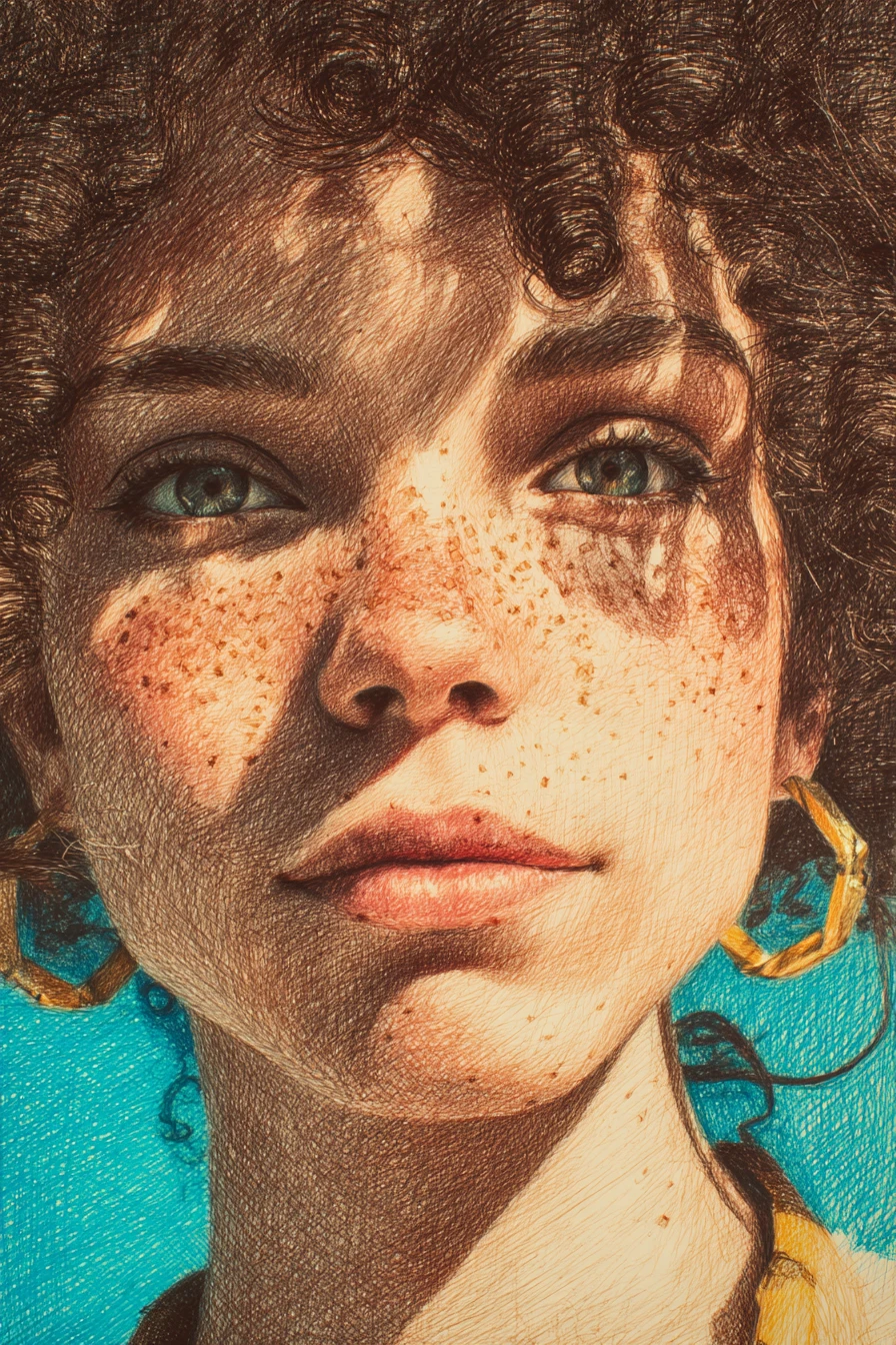 Retrato realista a lápiz de una chica pecosa y de cabello rizado