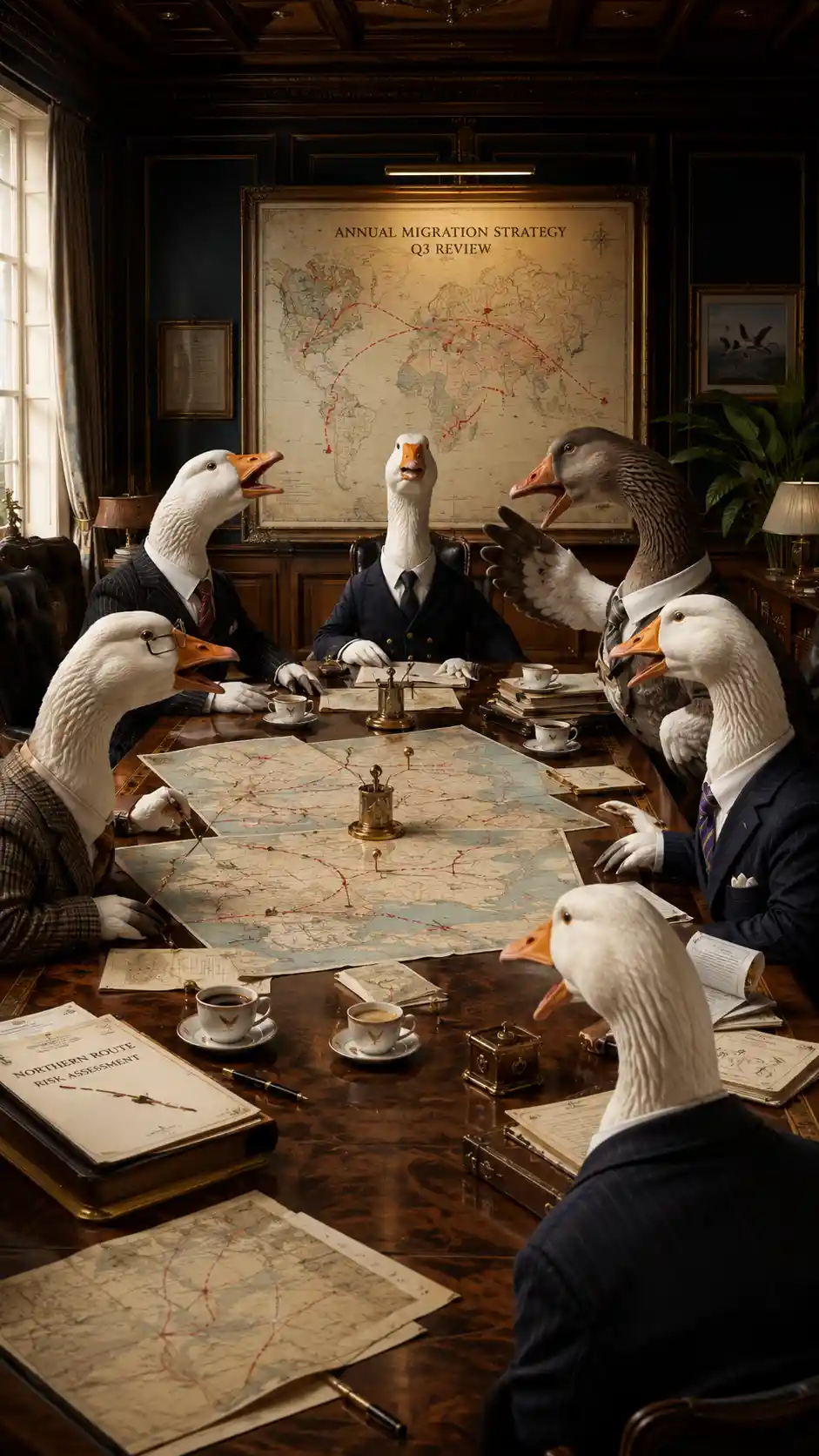 Geese In A Boardroom Debating Over Detailed Migration Maps