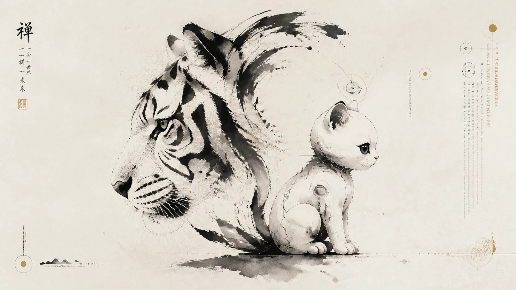 Tigre y Gatito Paradojales en Abstracción de Tinta Cambiante