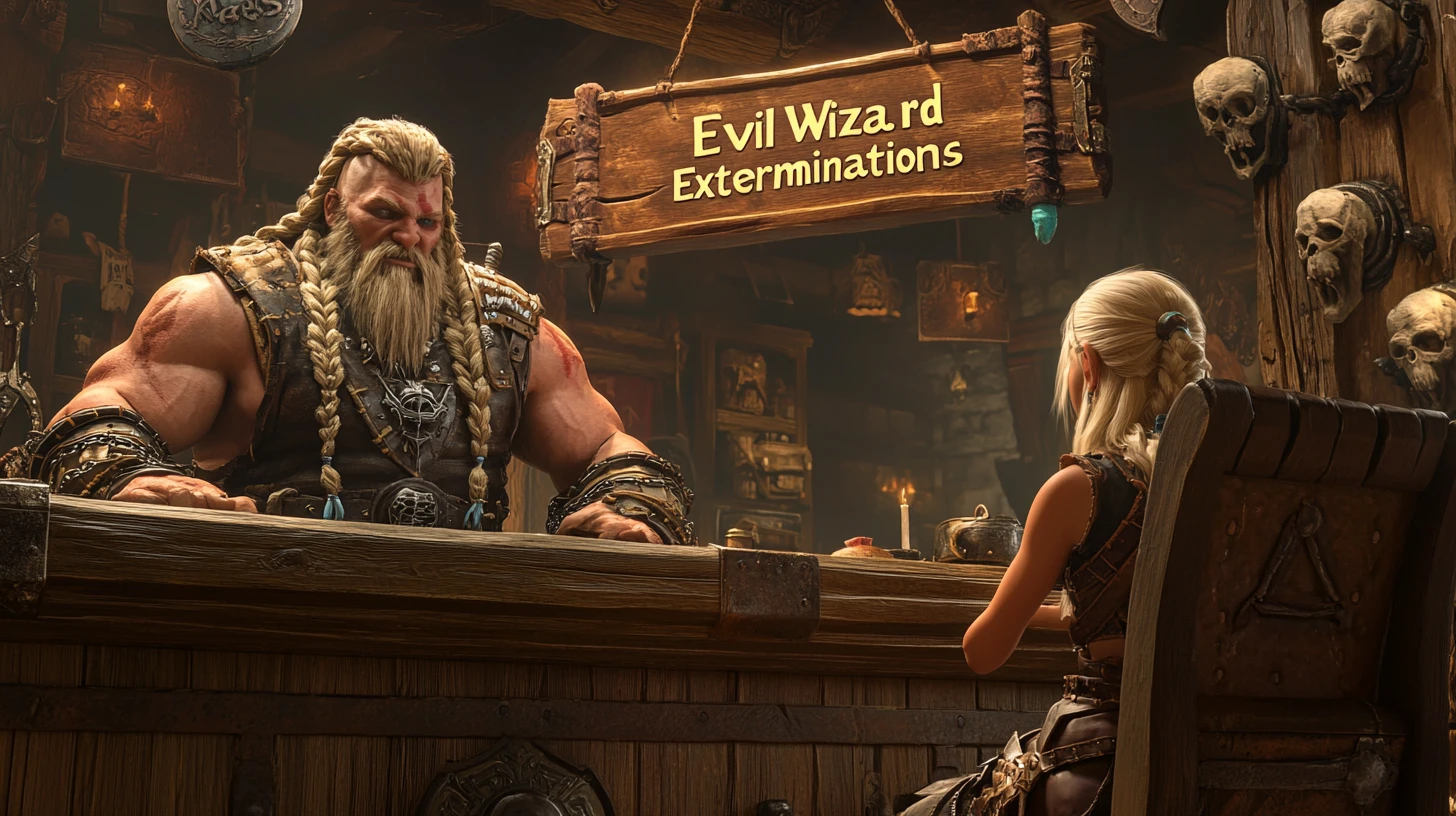 Muscular barbarian at a fantasy desk with client