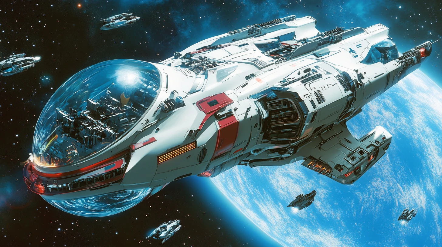 Alien cruiser slipping past a vast blue planet