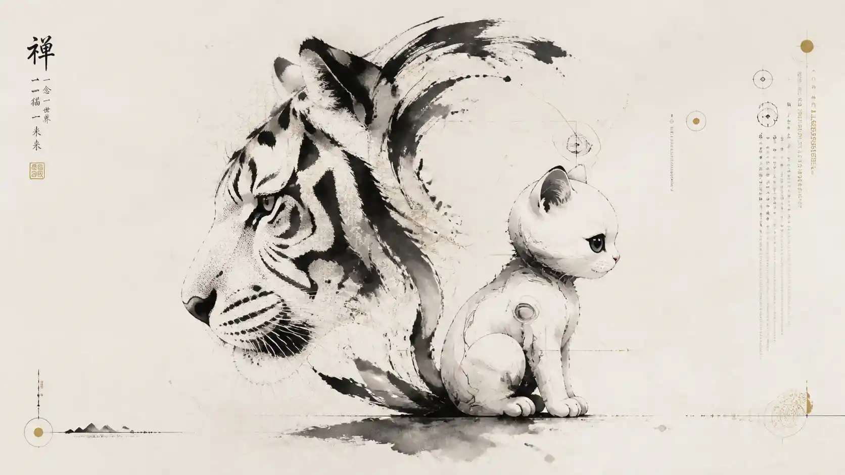 Tigre y Gatito Paradojales en Abstracción de Tinta Cambiante