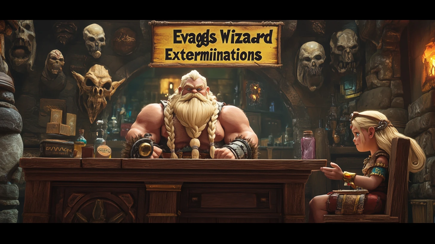 Muscular barbarian warrior at a fantasy office desk
