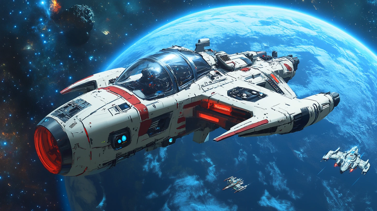 巨大な青い惑星をこっそり通過するエイリアン巡洋艦