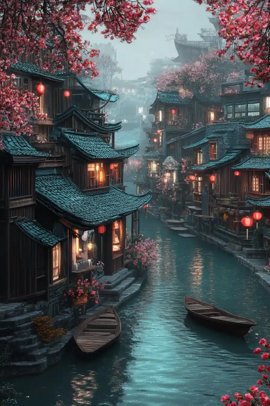 Aldea encantada junto al canal con ventanas luminosas y flores