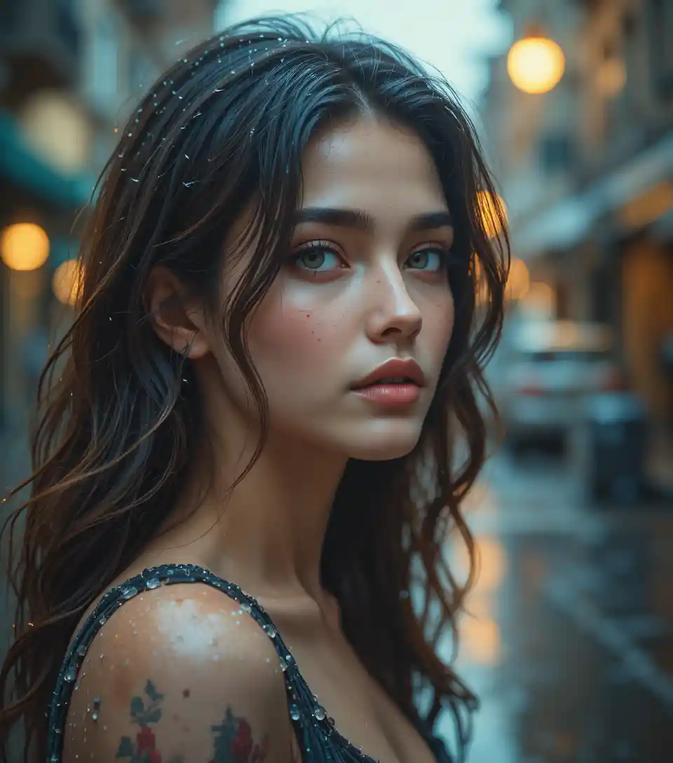 Joven mujer bajo la lluvia – retrato cinematográfico en calle de ciudad