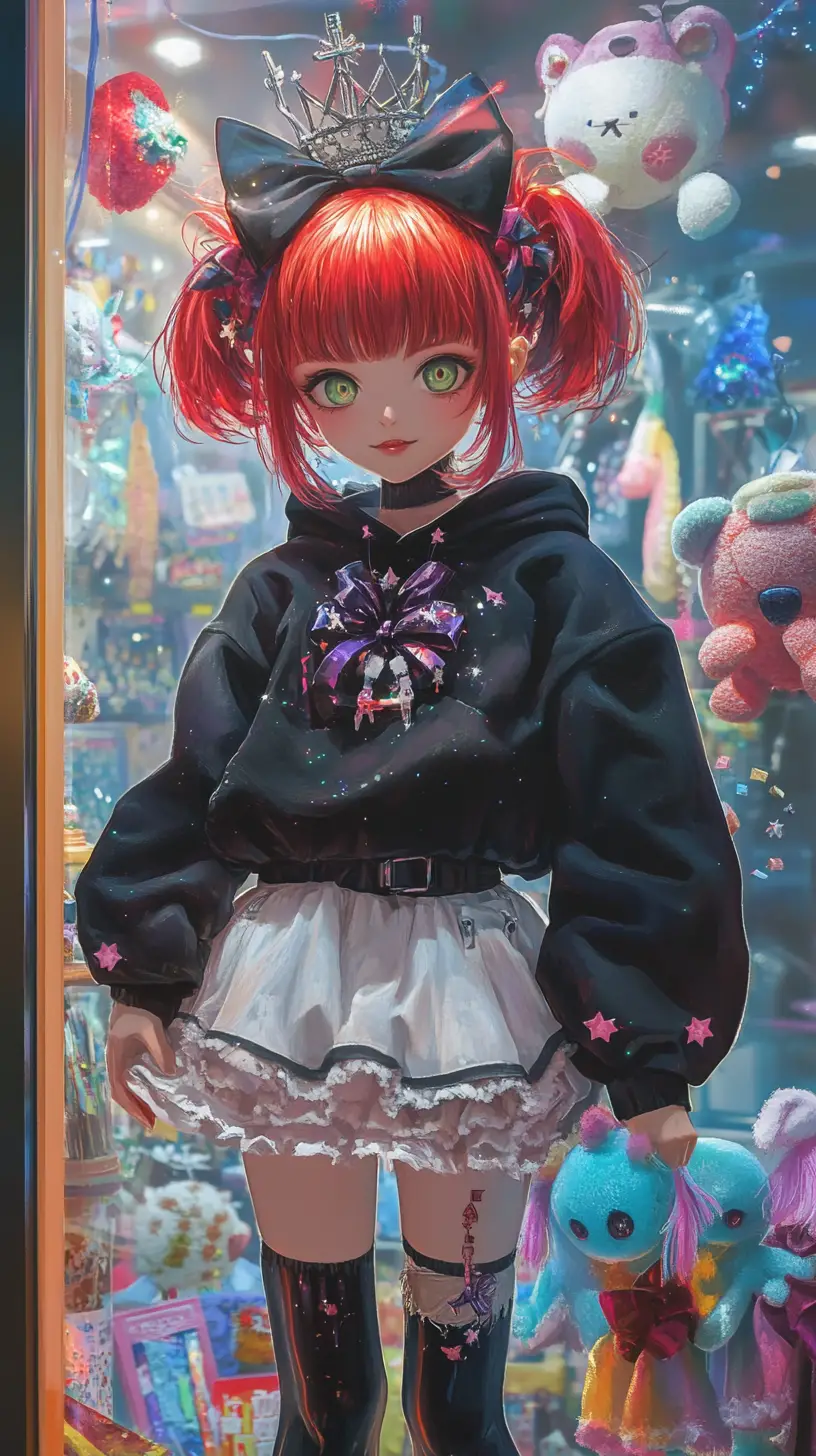 Anime girl hugging a giant teddy bear in toy store
