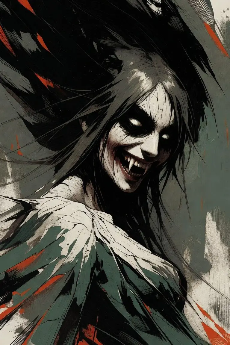 Demone femminile surreale con volto orrifico in stile horror oscuro