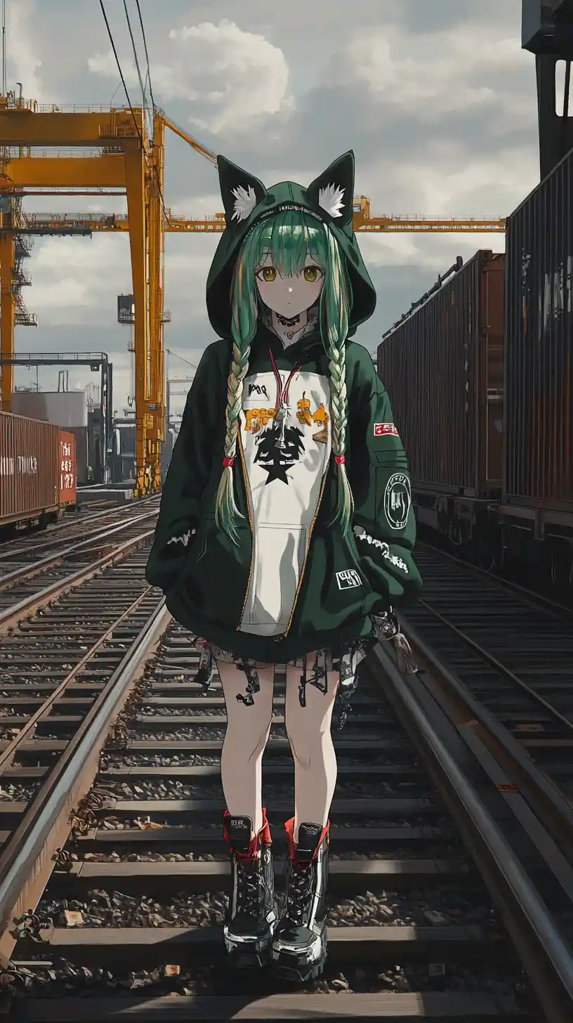 Anime girl walking through a colorful container port