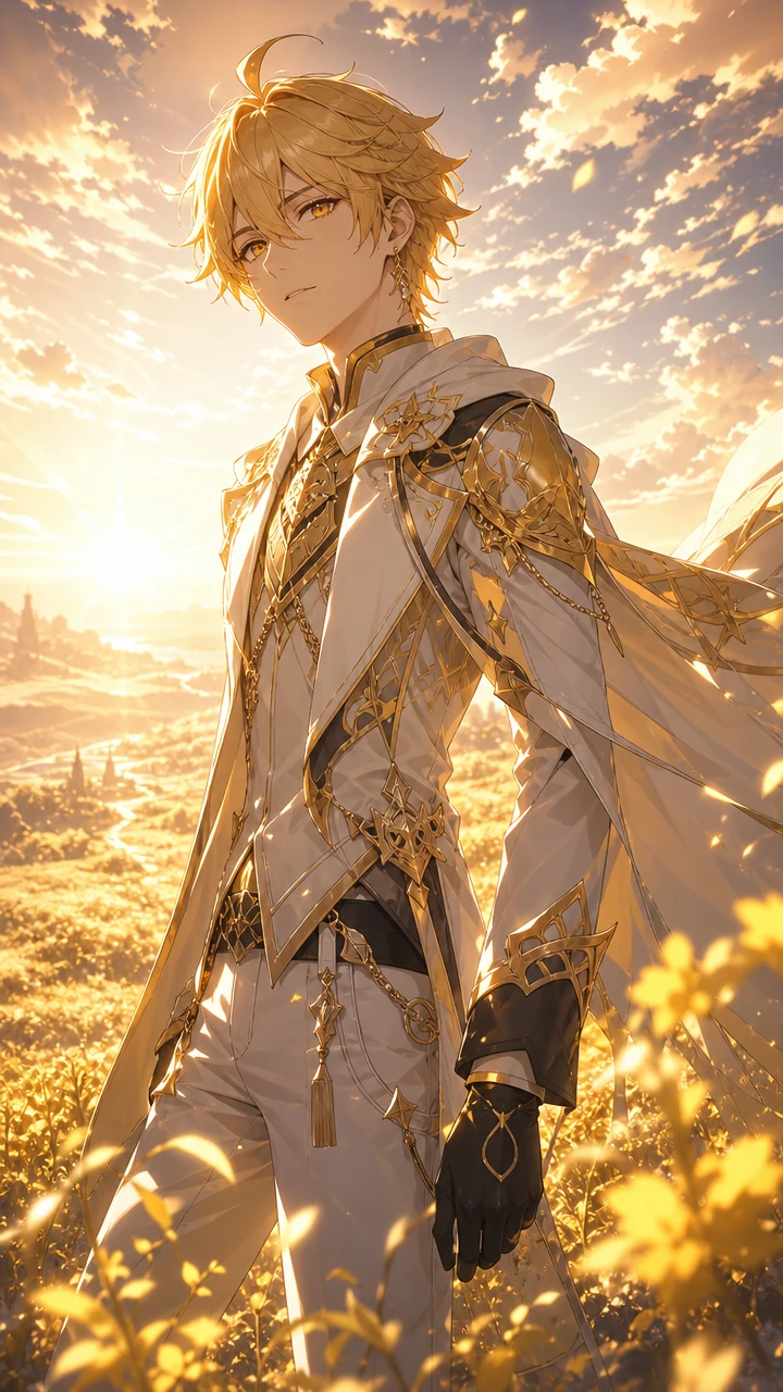 Héroe de anime de pie en un campo dorado iluminado por el sol al amanecer