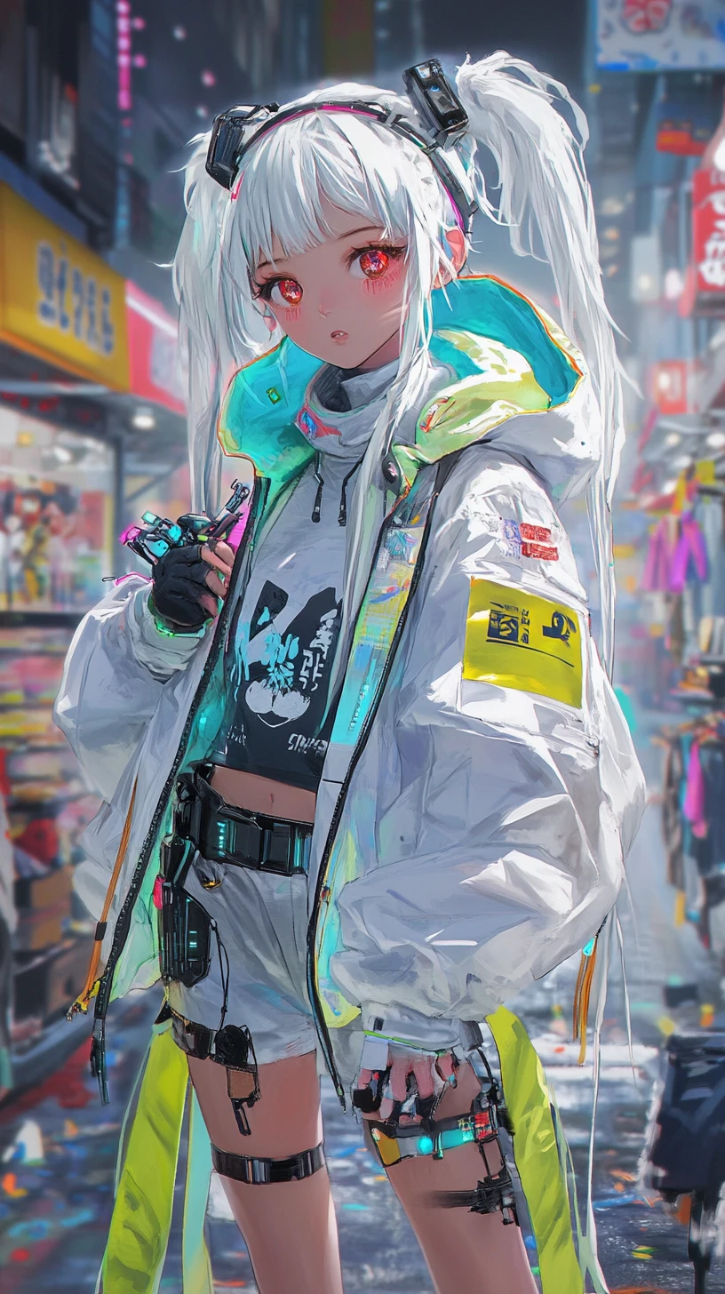 Chica de anime con trenzas blancas caminando por un puerto concurrido
