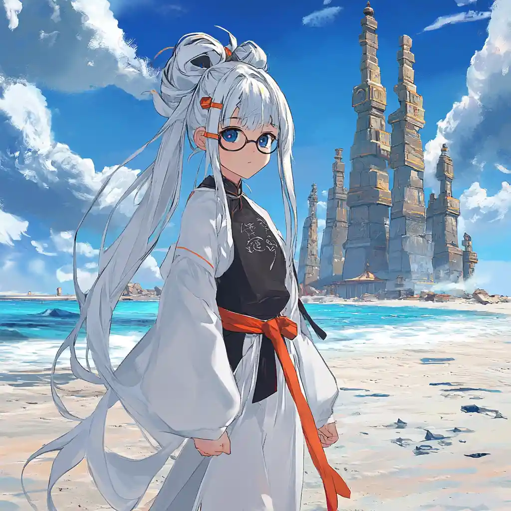 巨大な石の輪の神殿に近づくアニメ少女