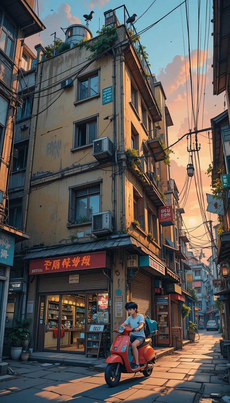 Callejón urbano de anime con viejo edificio de apartamentos en la esquina