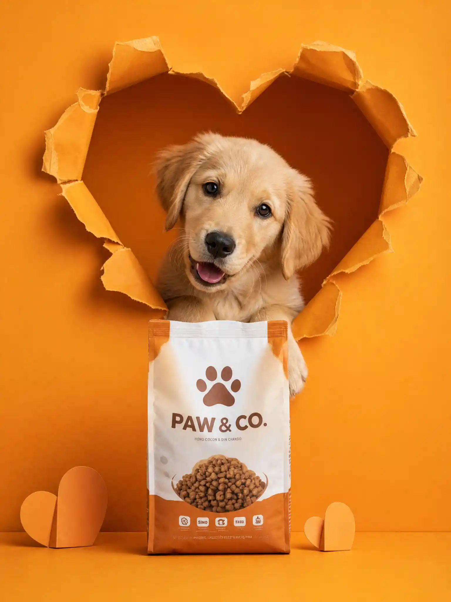 Playful pet peeking through heart paper behind food package