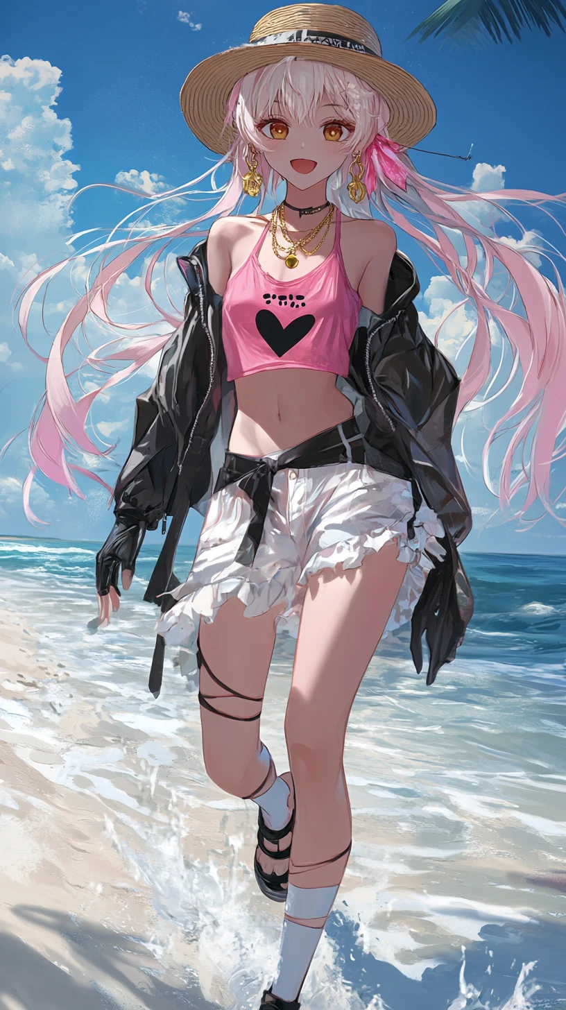 Anime girl walking happily along the beach at sunset