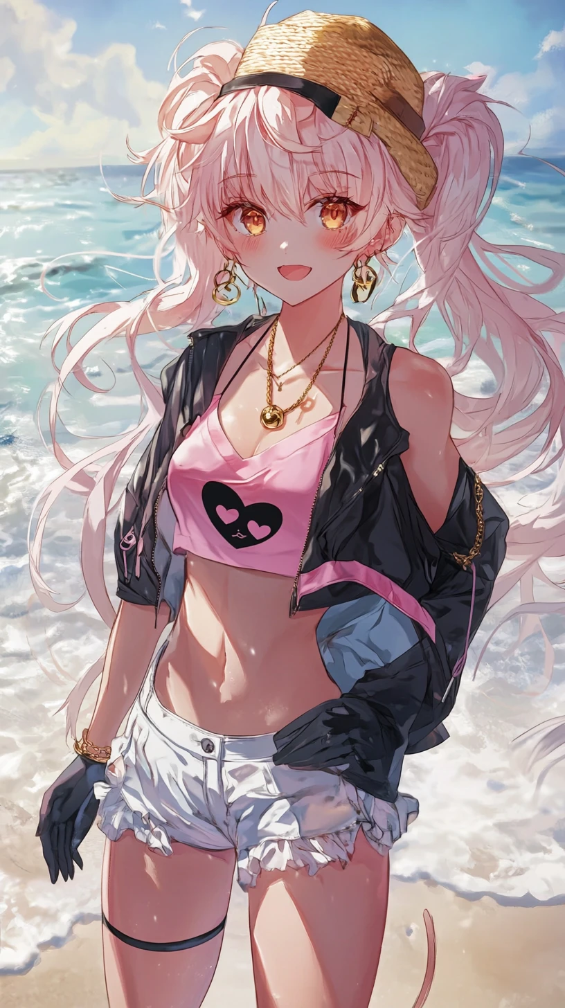 夕焼けの海辺を歩くアニメ少女と波