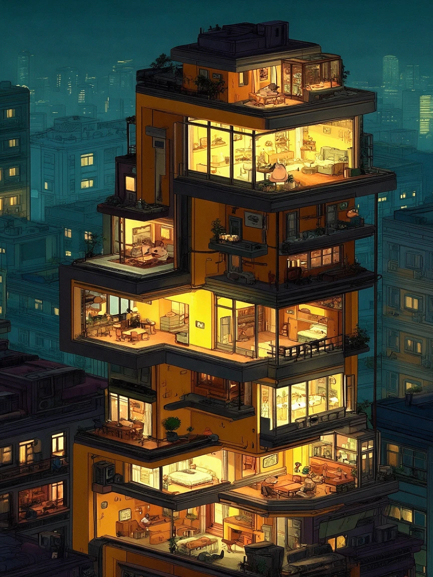 Corte isométrico de edificio de apartamentos luminoso de varios pisos por la noche