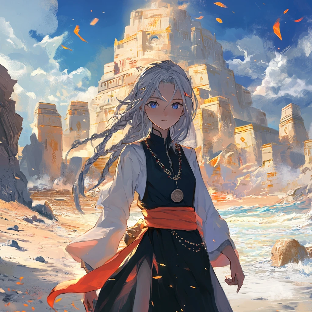 Anime girl approaching a colossal stone circle temple at sunset