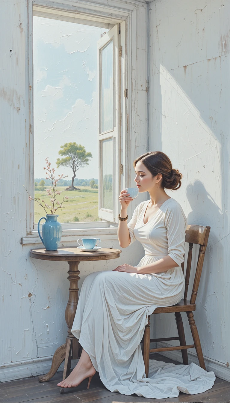Mujer elegante junto a una ventana de campo en espeso impasto al óleo